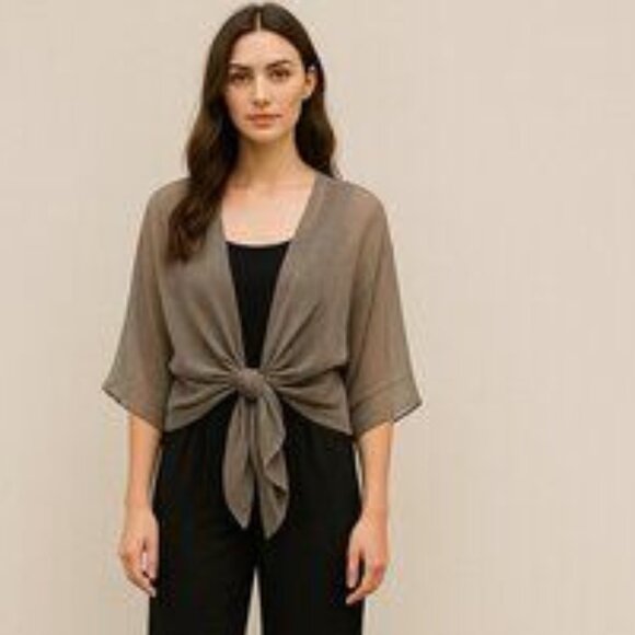 Fashion Concepts Sheer silver gray chiffon tie front top Size L - Picture 1 of 8